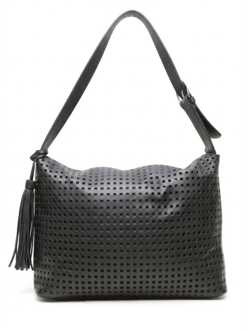 Stone Mountain Black Leather Perforated Shoulder Bag Hobo Tassel Purse